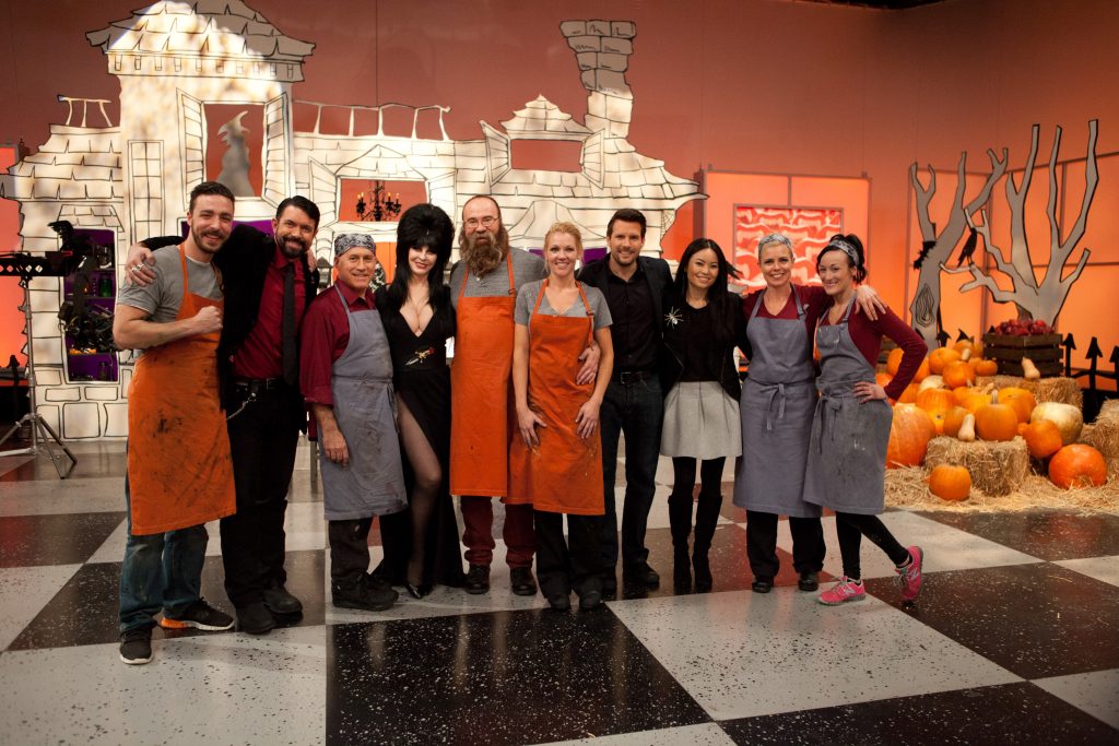 Host Rossi Morreale, judges, and finalists pose for a photo at the conclusion of the final round of Food Network's Halloween Wars, Season 5.